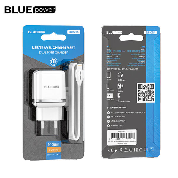 Wall Charger Blue Power BLBA25A, 12W, 2.4A, 2 x USB-A, with Lightning Cable, White