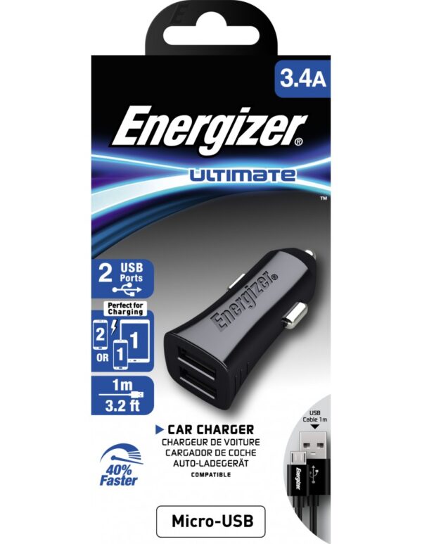 Car Charger Energizer, 17W, 2.4A, 2 x USB-A, with microUSB Cable, Black DCA2CUMC3