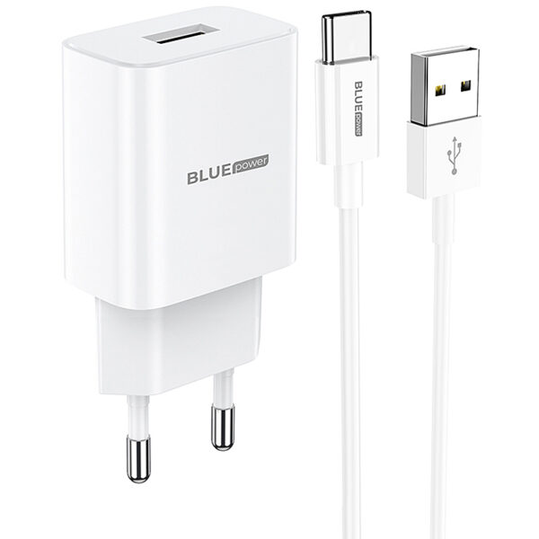 Wall Charger Blue Power BCBA52A, 10W, 2A, 1 x USB-A, with USB-C Cable, White