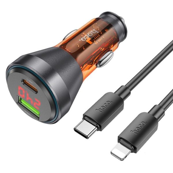 Car charegr HOCO USB QC 18W + Type C 30W with LCD + Cable Type C to Lightning PD48W NZ12B orange 6942007615426