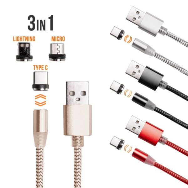 Magnetic USB Cable 3in1 iphone micro USB-C (mix of colors)