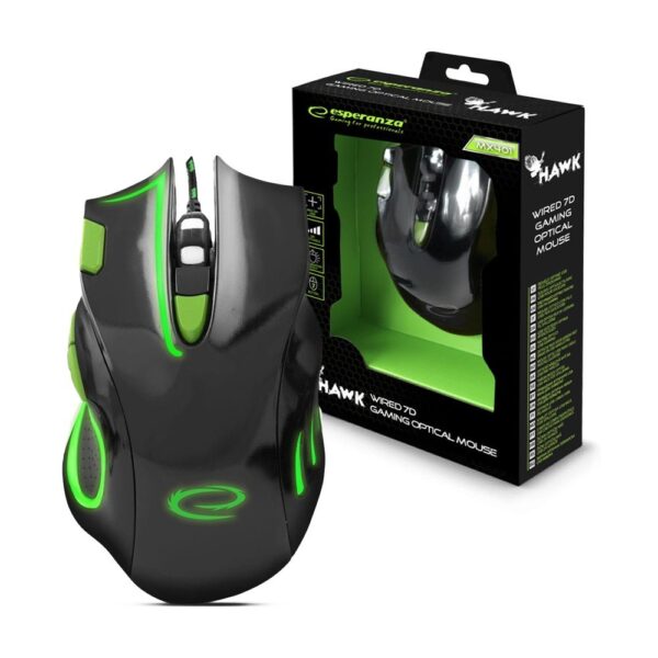 MOUSE GAMING LED 7D USB ESPERANZA EGM401KG HAWK BLACK-GREEN 5901299925423