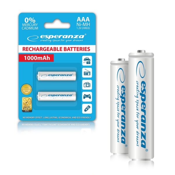 RECHARGEABLE BATTERY ESPERANZA NI-MH AAA 1000MAH 2PCS WHITE 5901299922507