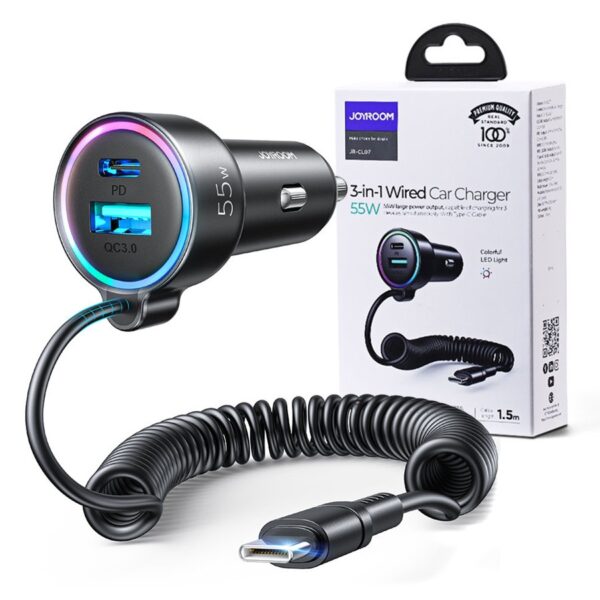 Car charger Joyroom 3in1 + cable USB Type C 1.5m 55W (JR-CL07) black 6941237172860