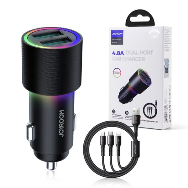 Car charger Joyroom 2xUSB with LED light 24W + cable 3in1 Type C/ microUSB/ Lightning 1.2m (JR-CL10) black 6941237178954