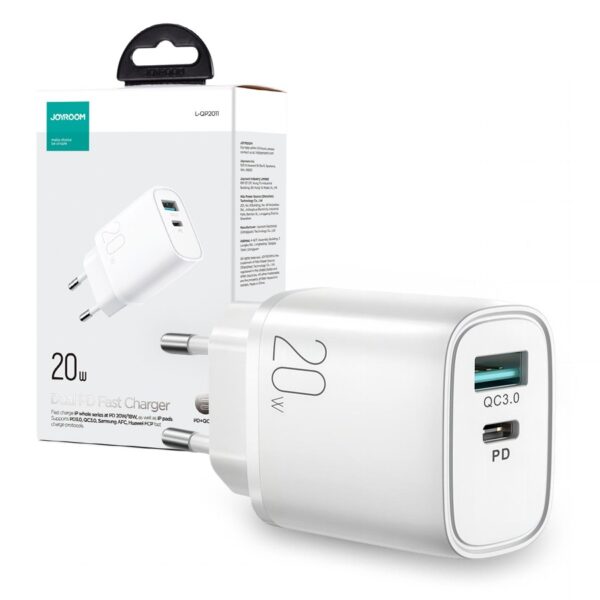 Travel charger Joyroom USB-A QC 3.0/ USB-C PD (L-QP2011) white 6941237186089