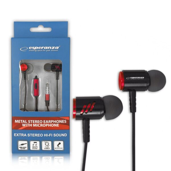 EARPHONES METAL WITH MICROPHONE ESPERANZA EH207 BLACK-RED 5901299942192