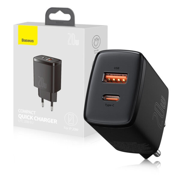 Charger Baseus Compact PD 20W 1x USB-C 1x USB (CCXJ-B01) black 6953156207233