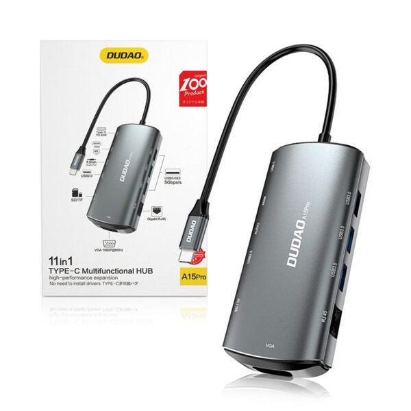 HUB Dudao 11in1 USB Type C PD 60W/ HDMI/ 3,5mm mini jack/USB 2.0/SD/VGA/RJ45/3xUSB 3.2 Gen 1 gray 6970379618479