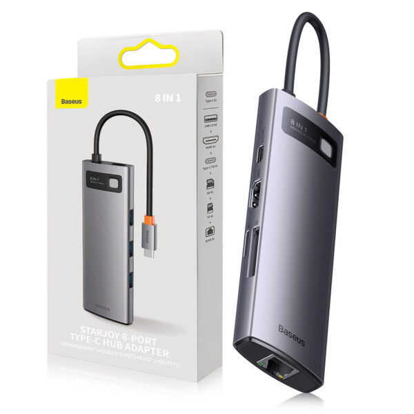 Adapter Baseus StarJoy HUB 8in1 3xUSB/ HDMI/ RJ45/ card reader SD i TF / USB Type C PD (WKWG080113) gray 6932172622152