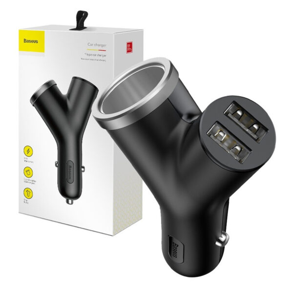 Car charger Baseus Y Type 2x USB + cigarette lighter socket 3.4A (CCALL-YX01) black 6953156280250