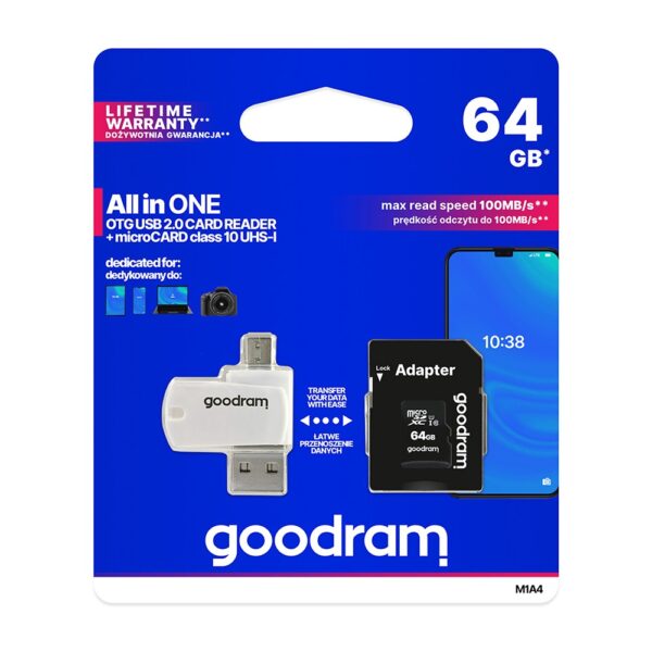 Memory Card GOODRAM microSDHC 64GB class 10 UHS-I + adapter + card reader 5908267930281