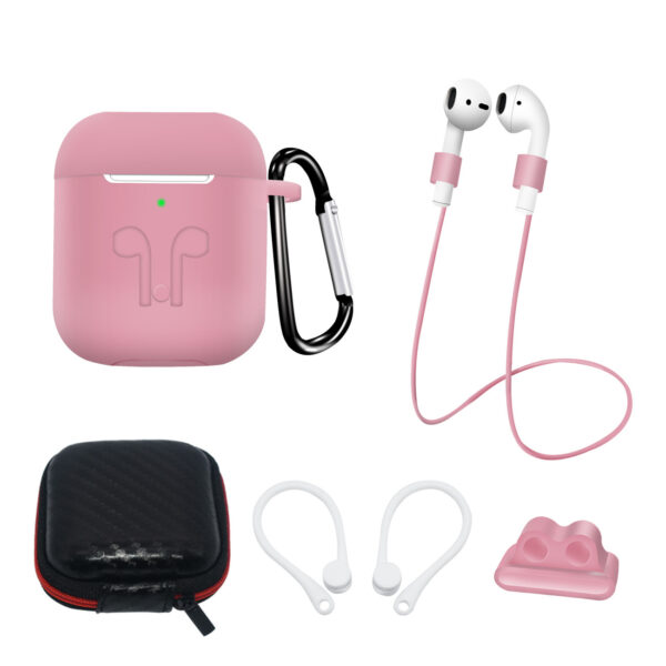 Silicon case AirPods 2/ AirPods 1 + ear hook/ neck strap/ watch strap holder/ carabiner (set) pink 9145576276914