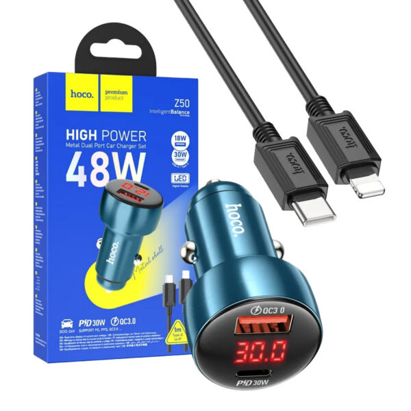 Car charger HOCO USB QC 3.0 Type C + cable Type C /Type C PD 48W Leader Z50 blue 6931474798800