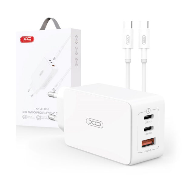 Charger XO CE13 PD QC 3.0 65W 1x USB 2x USB-C + cable USB-C -USB-C white 6920680844289