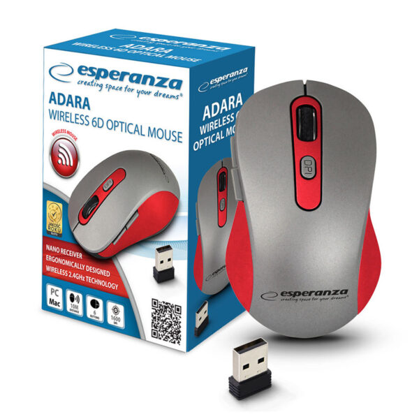 WIRELESS MOUSE ESPERANZA 2.4GHZ 6D OPT. USB ADARA RED