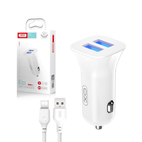 Car charger XO TZ10 2x USB 2,4A + cable USB-C white 6920680875955