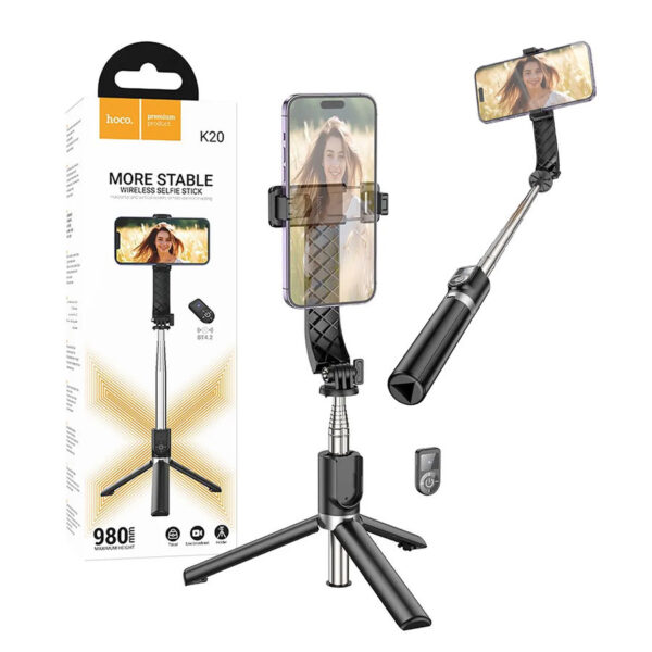 Selfie stick tripod holder with wireless remote control HOCO Prior K20 black 6942007604116