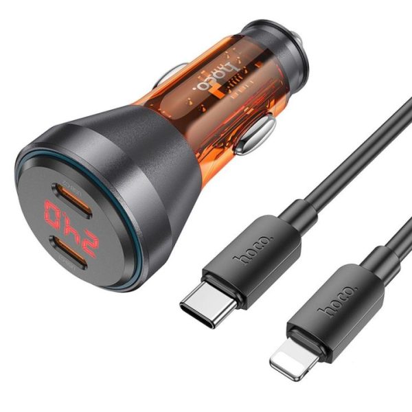 Car charger HOCO 2 x Type C QC 30W with LCD + cable Type C to Lightning PD60W NZ12C orange 6942007615488