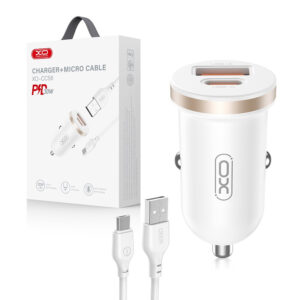 Car charger XO CC56 PD 30W QC 1x USB 1x USB-C + cable USB - microUSB white 6920680848287