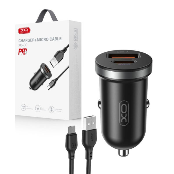 Car charger XO CC56 PD 30W QC 1x USB 1x USB-C + cable USB - microUSB black 6920680848270