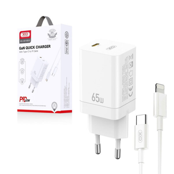 Charger XO CE10 PD 65W 1x USB-C + cable USB-C - Lightning white 6920680839421