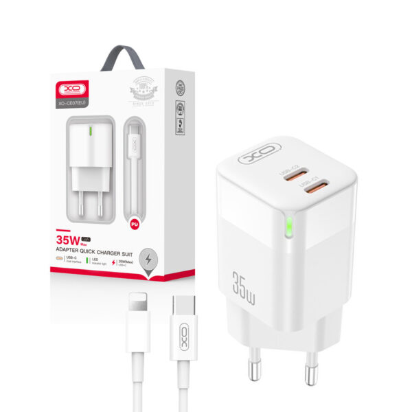 Charger XO CE07 PD 35W 2xUSB-C+ cable USB-C/ Lightning white 6920680833030