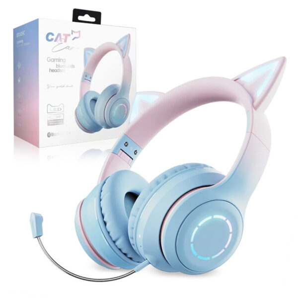 BLUETOOTH COMPUTER HEADPHONES CAT EARS WITH MICROPHONE BLUE