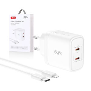 Charger XO CE08 PD 50W 2x USB-C + cable USB-C - Lightning white 6920680845811