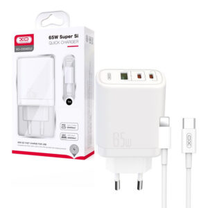 Charger XO CE04 PD 65W QC 4 45W 1x USB 2x USB-C + cable USB-C - Lightning white 6920680826926