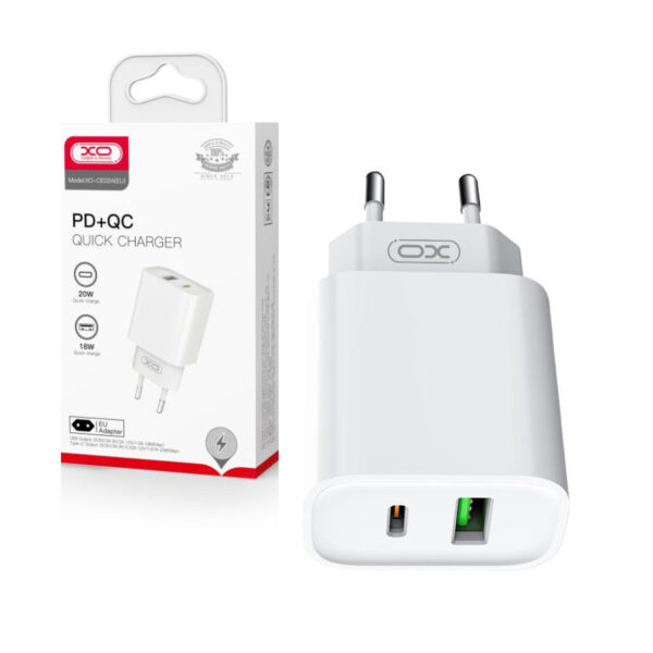 Charger XO CE02A PD 20W QC 3.0 18W 1x USB 1x USB-C + cable USB-C – USB-C white 6920680808267