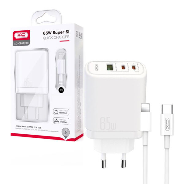 Charger XO CE02A PD 20W QC 3.0 18W 1x USB 1x USB-C + cable USB-C /Lightning white 6920680808250