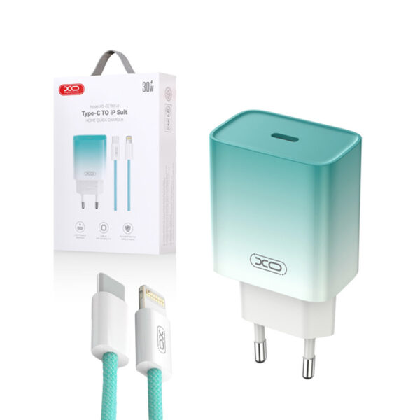 Charger XO CE18 PD 30W 1x USB-C + cable USB-C - Lightning blue-white 6920680851737