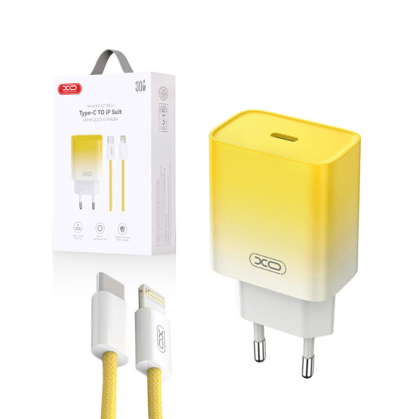 Charger XO CE18 PD 30W 1x USB-C + cable USB-C - Lightning yellow-white 6920680851768