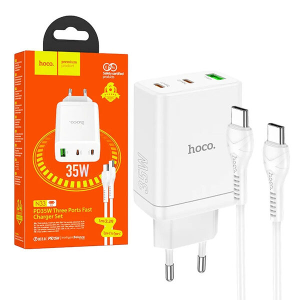 Charger HOCO 2x Type C + USB A + cable Type C/ Type C QC PD 35W N33 white 6942007621090