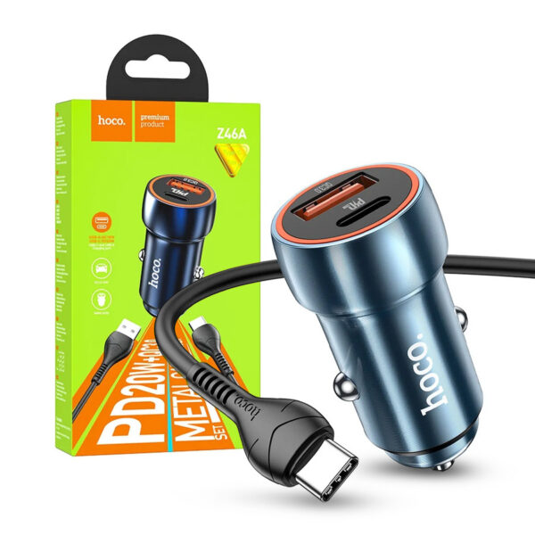 Car charger HOCO Type C + USB QC3.0 Power Delivery 20W + cable Type C Z46A blue 6931474770387