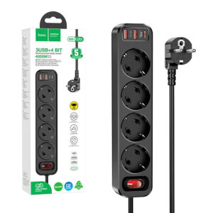 Power strip HOCO 4-slot + 2 xUSB QC3.0 18W + Type C PD 20W Aura NS1 black 6942007602143