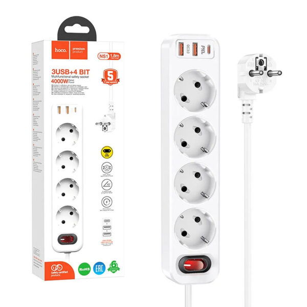 Power strip HOCO 4-slot + 2 xUSB QC3.0 18W + Type C PD 20W Aura NS1 white 6942007602150