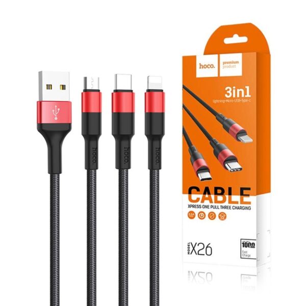 Cable USB HOCO - 3in1 iPhone Lightning 8-pin + Micro + Typ C X26 1 meter black-red 6957531080282