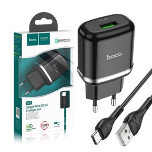 Travel charger HOCO 4 USB 3A QC3.0 Fast Charge + cable Typ C N3 black 6931474729385