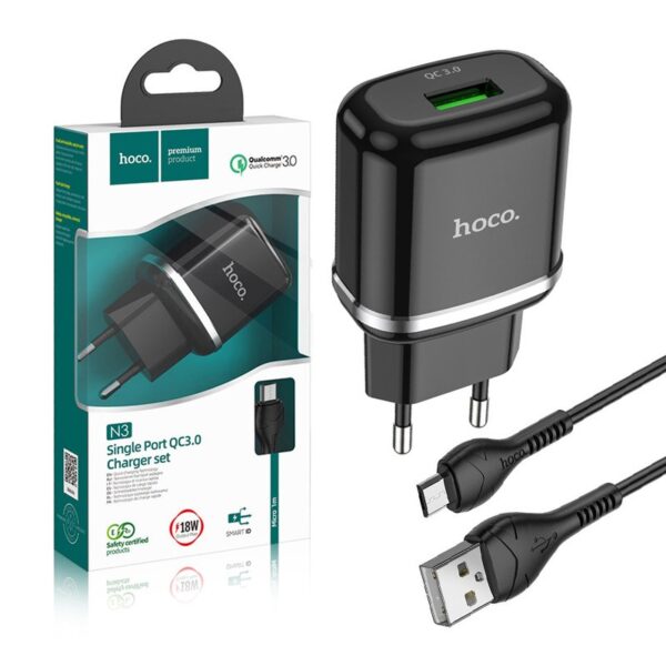 Travel charger HOCO USB 3A QC3.0 Fast Charge + cable Micro N3 black 6931474729361