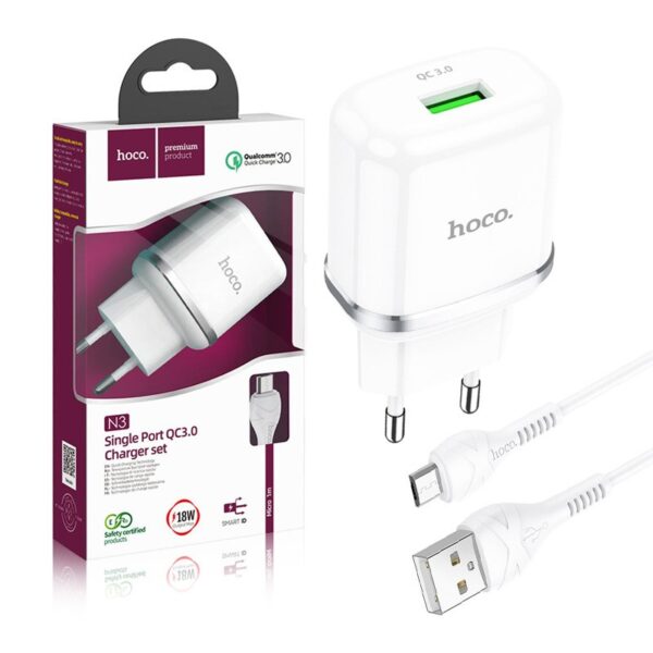 Travel charger HOCO USB 3A QC3.0 Fast Charge + cable Micro N3 white 6931474729378