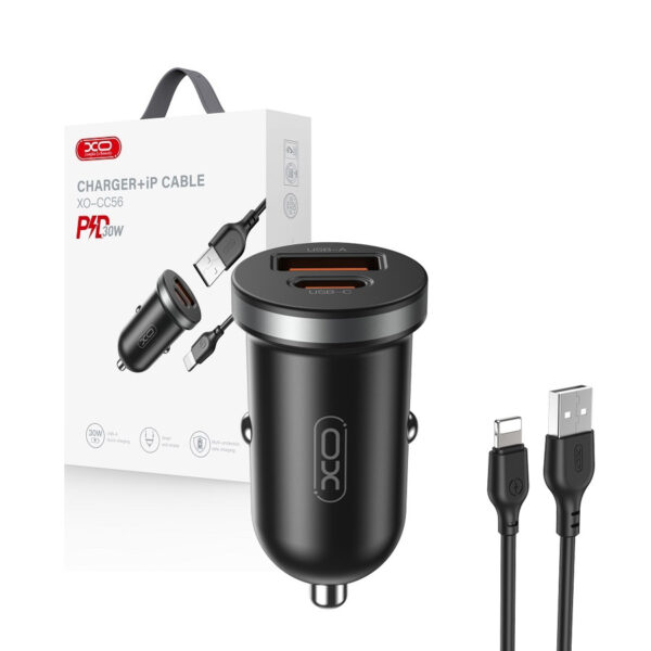 Car charger XO CC56 PD 30W QC 1x USB 1x USB-C + cable USB - Lightning black 6920680848256