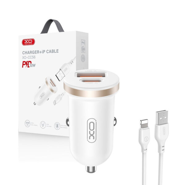 Car charger XO CC56 PD 30W QC 1x USB 1x USB-C + cable USB - Lightning white 6920680848263