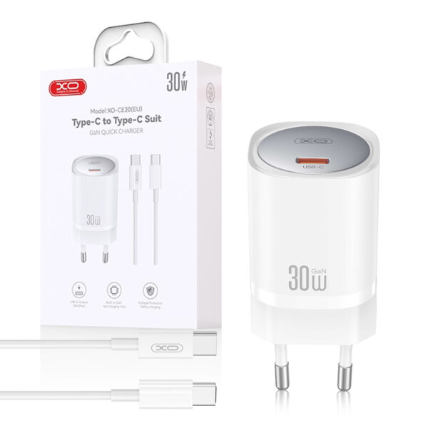 Travel charger XO CE20 PD 30W 1x USB-C + cable USB-C - USB-C white 6920680853885