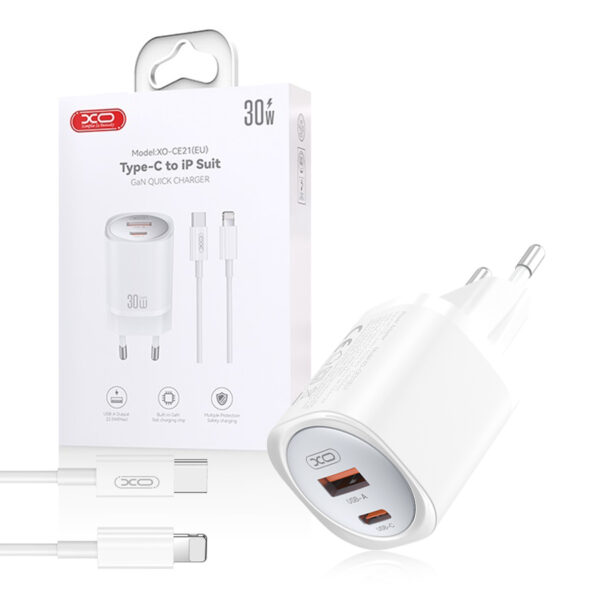 Travel charger XO CE21 PD 33W 1x USB-C 1x USB + Cable USB-C - Lightning white 6920680853908