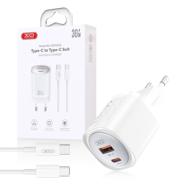 Travel charger XO CE21 PD 33W 1x USB-C 1x USB + Cable USB-C - USB-C white 6920680853915