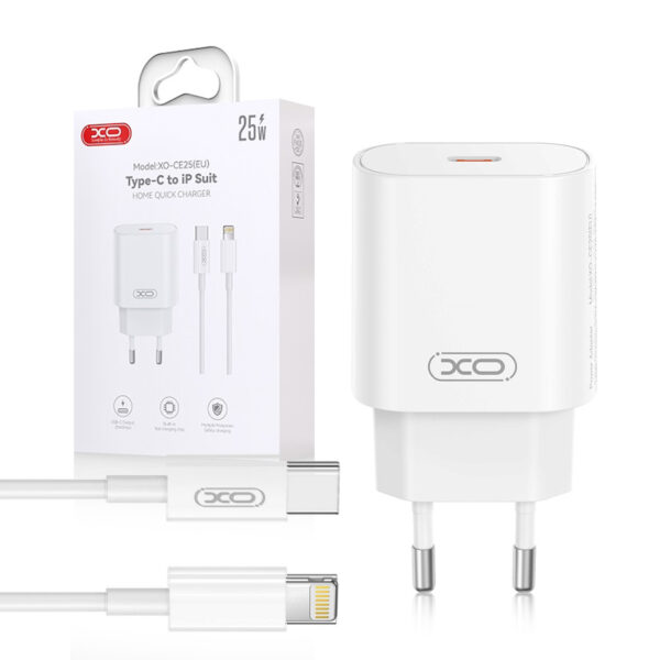 Travel charger XO CE25 PD 25W 1x USB-C + Cable USB-C - Lightning white 6920680856138