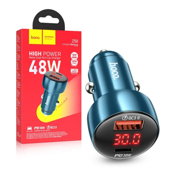 Car charger HOCO USB QC 3.0 + Typ C PD 48W Leader Z50 blue 6931474798763