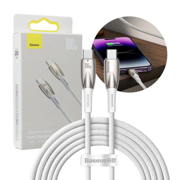 Cable Baseus Glimmer Series quick charge USB-C 480Mb/s PD 100W 2m white 6932172618070